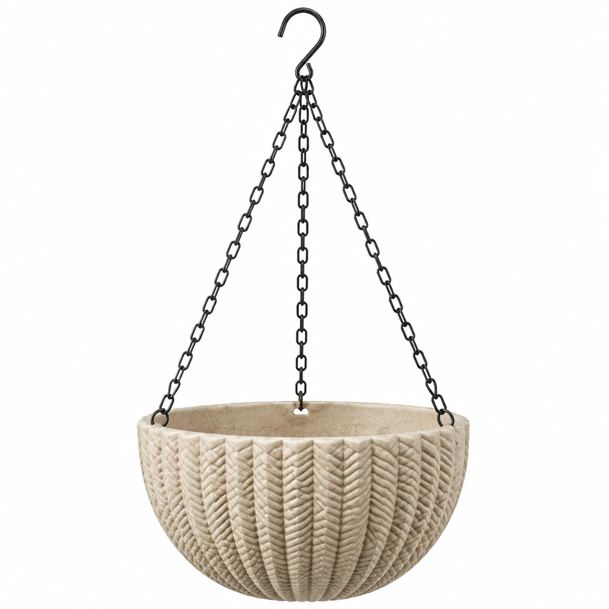 Pot de fleurs suspendu diamètre 30 cm en ciment beige avec chaînes métalliques style texturé