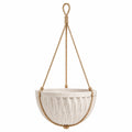 Pot de fleurs suspendu 20 cm en céramique blanc cassé avec corde style texturé