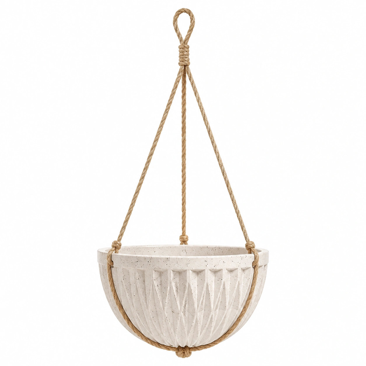 Pot de fleurs suspendu 20 cm en céramique blanc cassé avec corde style texturé