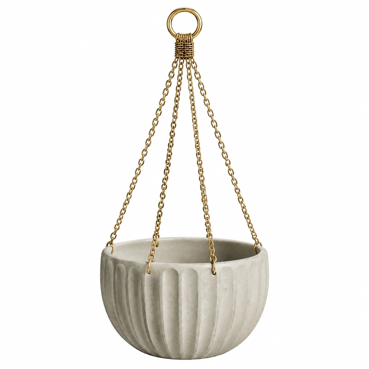 Pot de fleurs suspendu Ø25 cm en ciment gris avec chaînes métalliques style strié