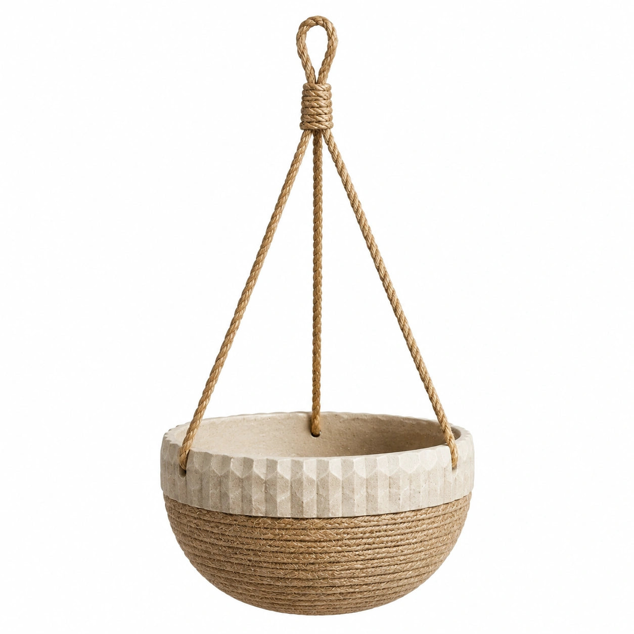 Jardinière suspendue diamètre 30 cm ciment et corde de jute beige style naturel
