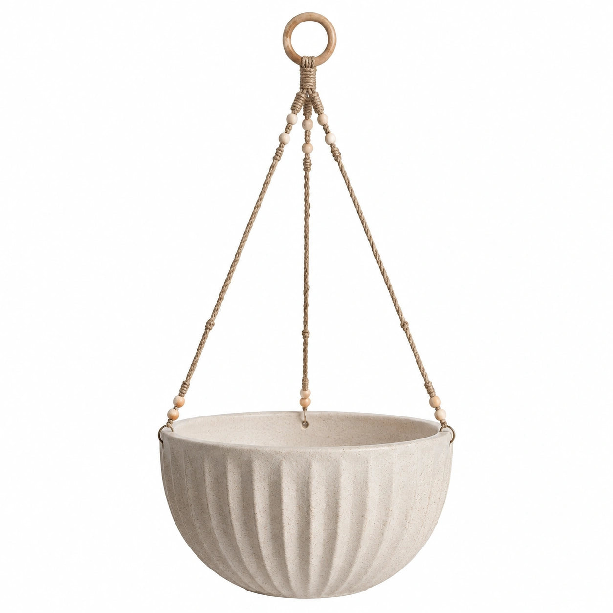 Pot de fleurs suspendu Ø30 cm en ciment beige avec cordes tressées pour plantes style naturel