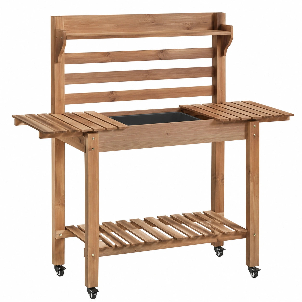 Table de jardinage 120 x 55 x 165 cm en bois marron avec bac et roulettes