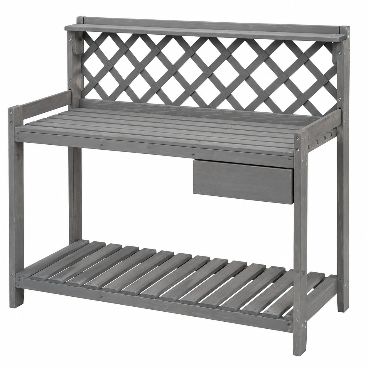 Table de jardinage 110 x 48 x 150 cm en bois gris avec étagère et treillis