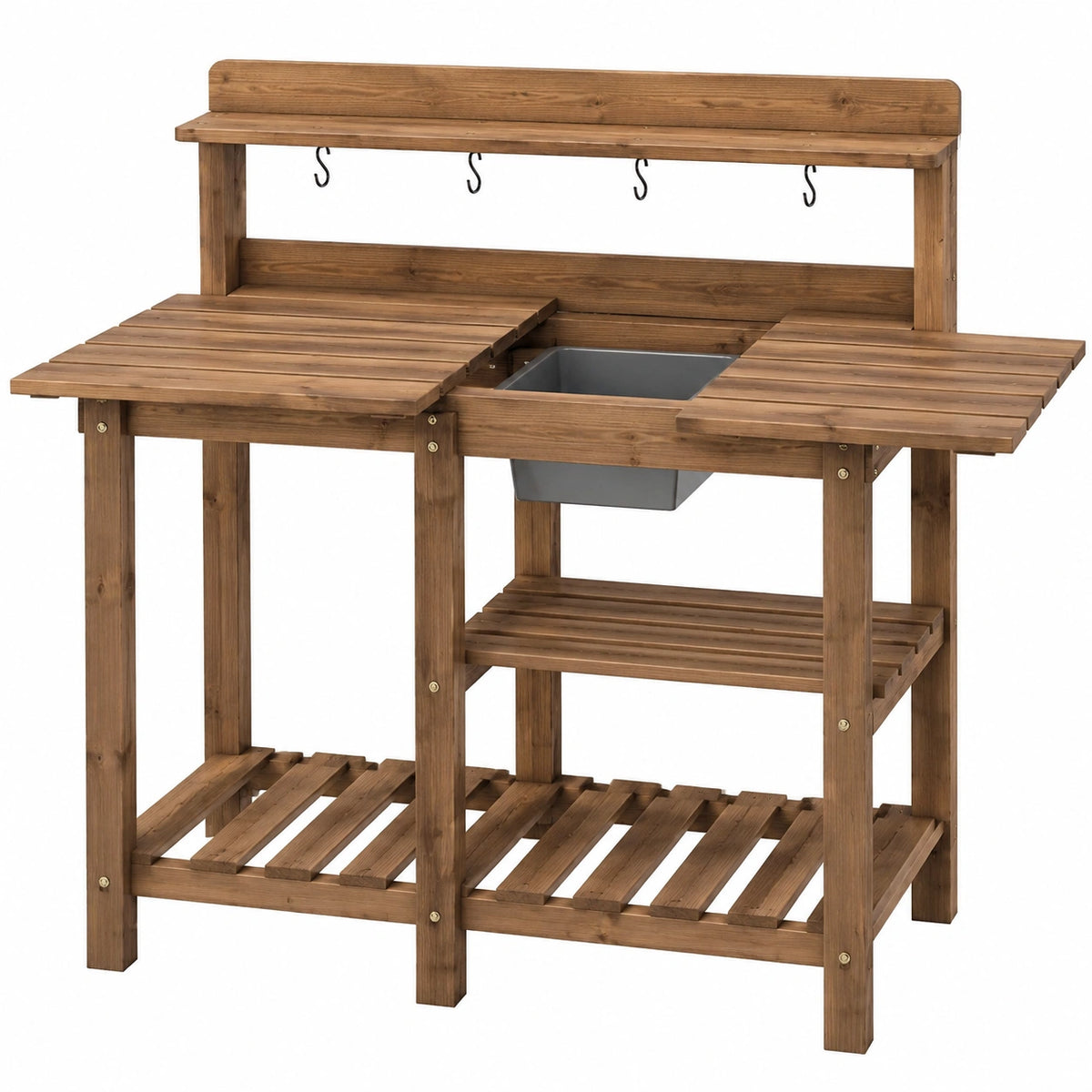Table de jardinage 120 x 60 x 150 cm en bois marron avec bac et rangements