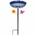 Bain d oiseaux sur piquet diamètre 30 cm métal bleu noir décor floral pour jardin