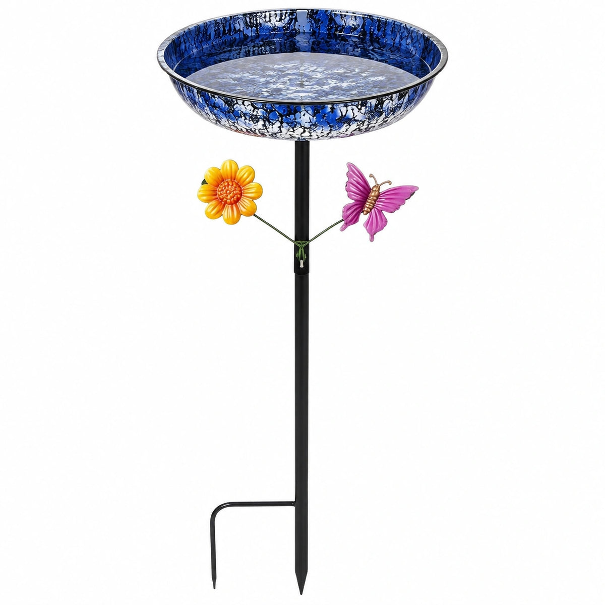 Bain d oiseaux sur piquet diamètre 30 cm métal bleu noir décor floral pour jardin
