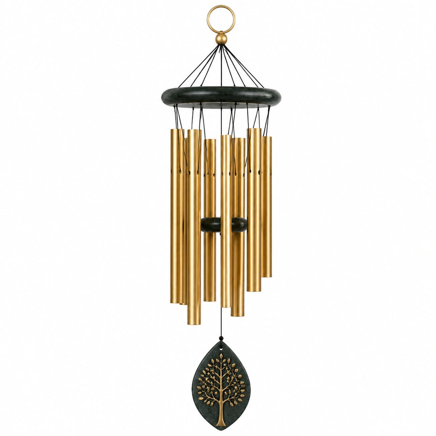 Carillon à vent 85 cm en métal vert foncé et doré - suspension décorative à tubes sonores