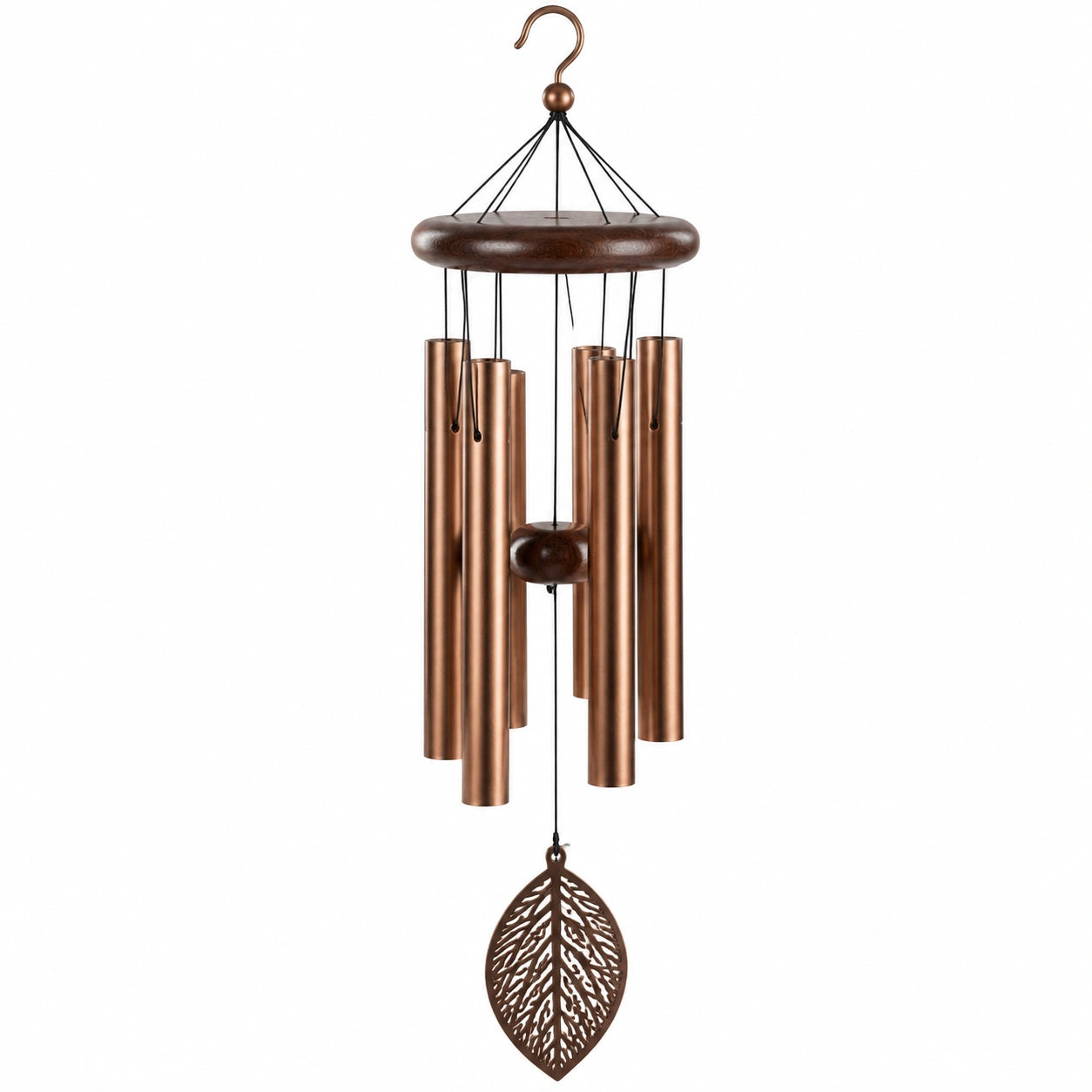 Carillon à vent 85 cm en métal cuivre et bois avec pendentif feuille décoratif