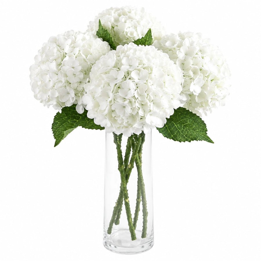 Composition florale artificielle 55 cm en polyester blanc et vert avec vase en verre style classique