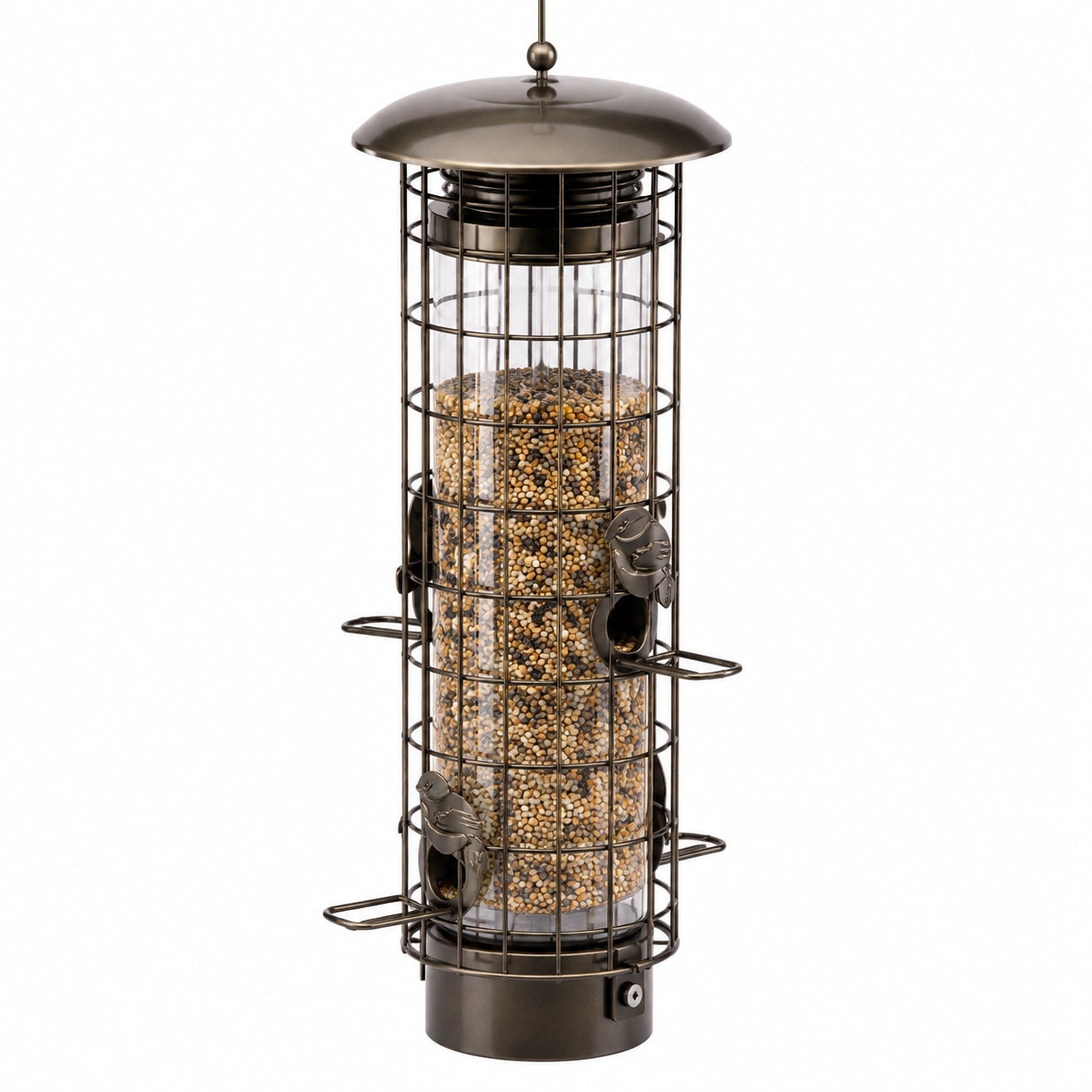 Mangeoire à oiseaux suspendue Ø18 cm H42 cm en métal brun avec réservoir transparent