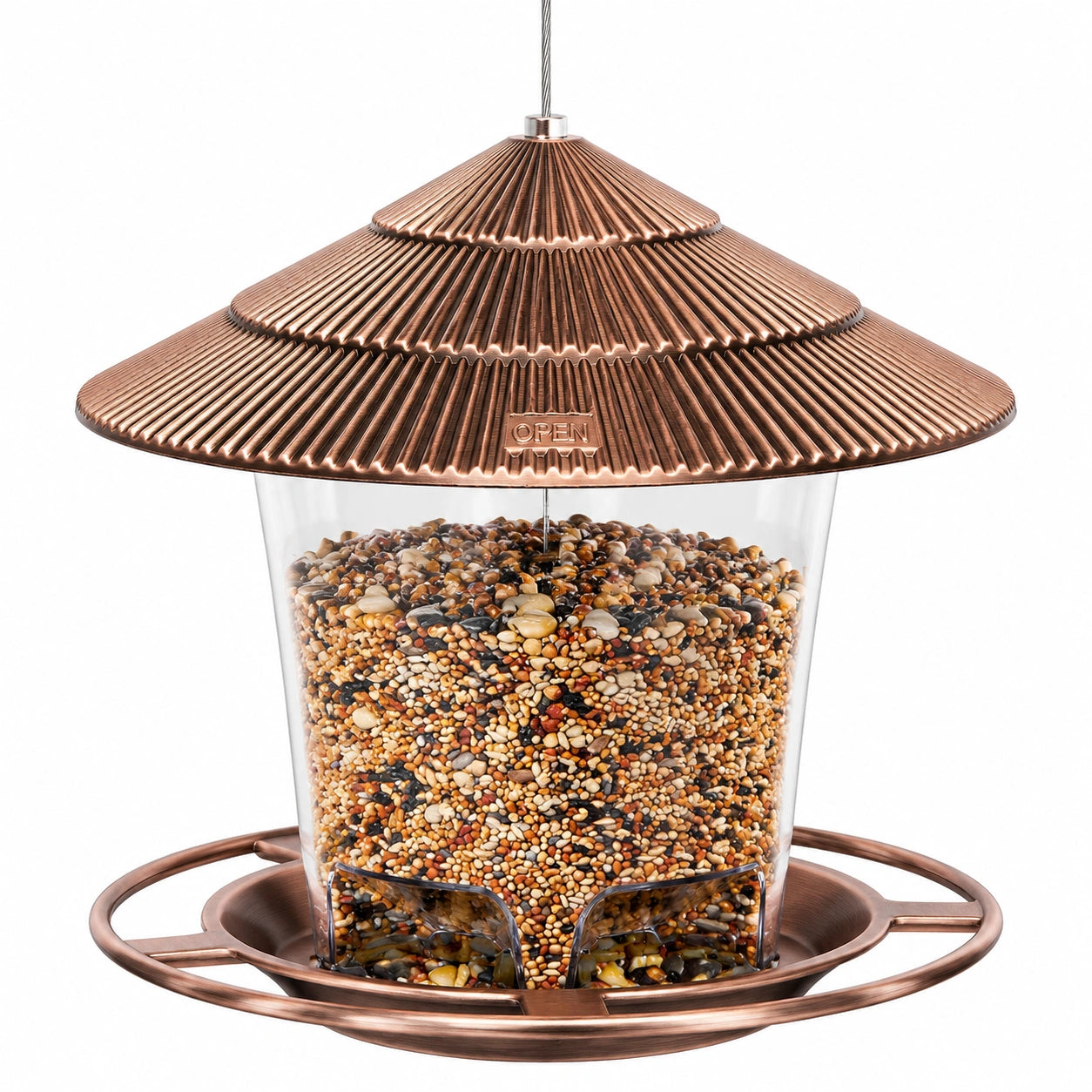 Mangeoire à oiseaux suspendue diamètre 26 cm métal et plastique transparent cuivre pour jardin