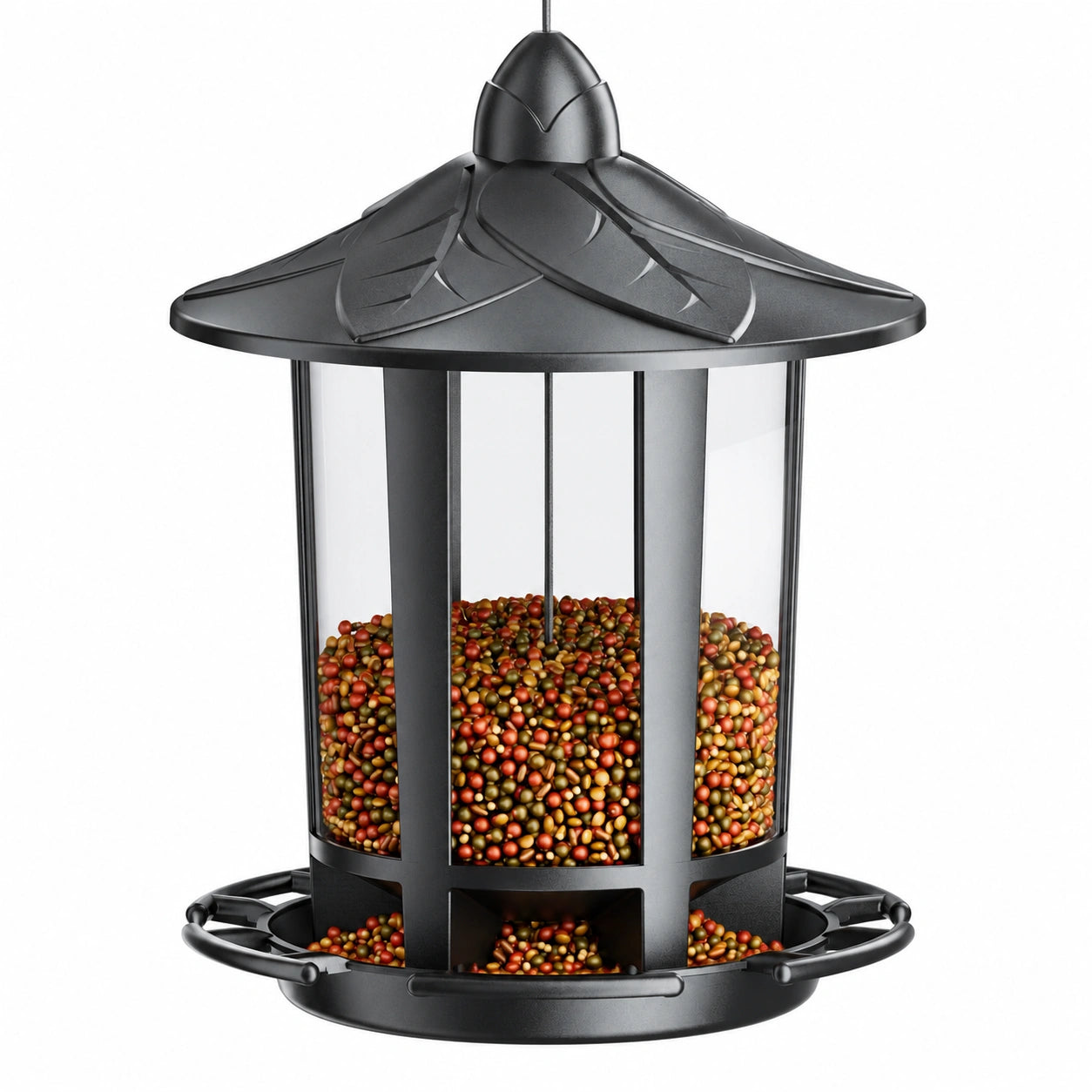 Mangeoire à oiseaux suspendue diamètre 20 cm métal noir réservoir transparent toit protecteur